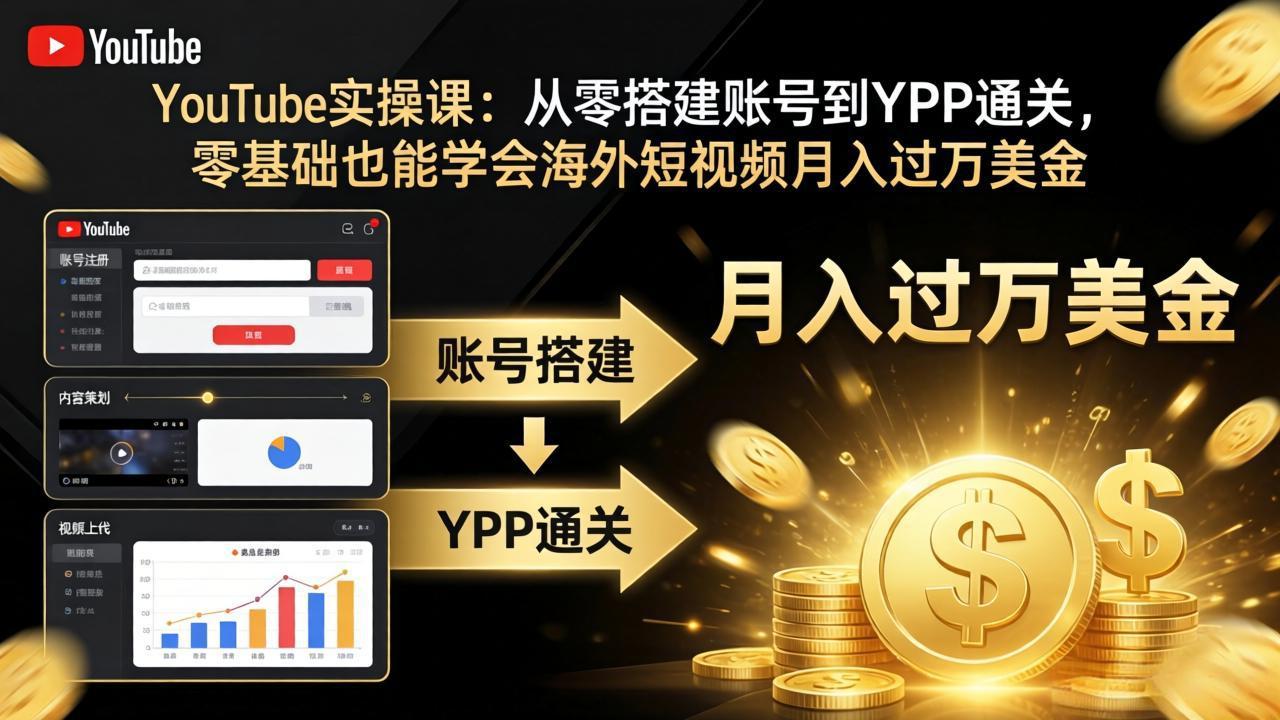 YouTube实操课：从零搭建账号到YPP通关，零基础也能学会海外短视频月入过万美金-云网创