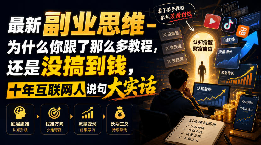 最新副业思维-为什么你跟了那么多教程，还是没搞到钱，十年互联网人说句大实话【揭秘】-云网创