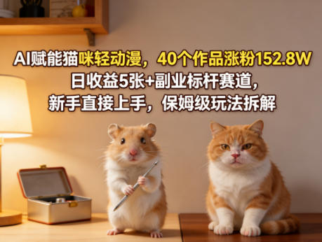 AI赋能猫咪轻动漫，40个作品涨粉152.8W，日收益5张+副业标杆赛道，新手直接上手，保姆级玩法拆解-云网创
