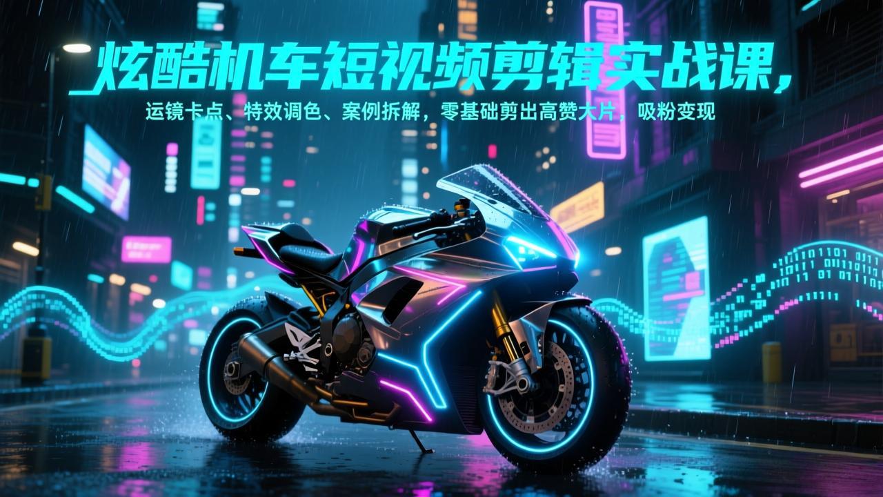 炫酷机车短视频剪辑实战课，运镜卡点、特效调色、案例拆解，零基础剪出高赞大片，吸粉变现-云网创