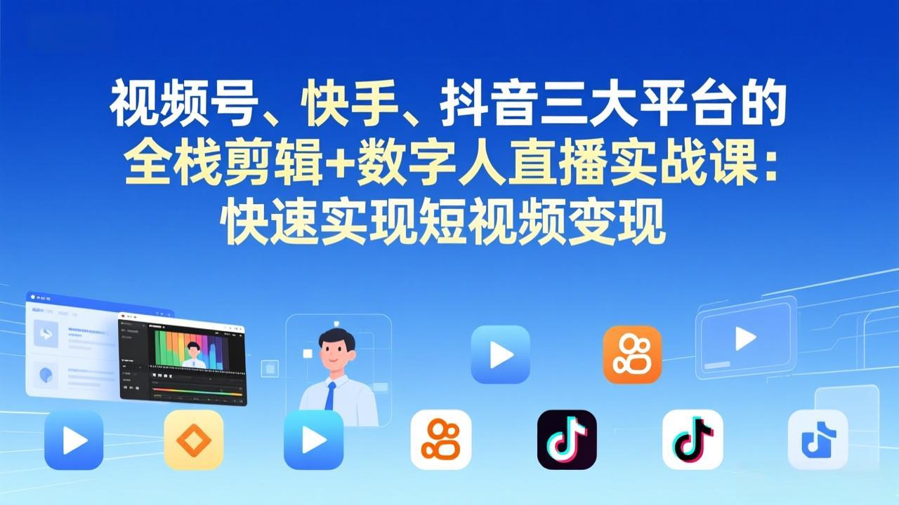 视频号+快手+抖音三大平台的全栈剪辑+数字人直播实战课-3月更新：快速实现短视频变现-云网创