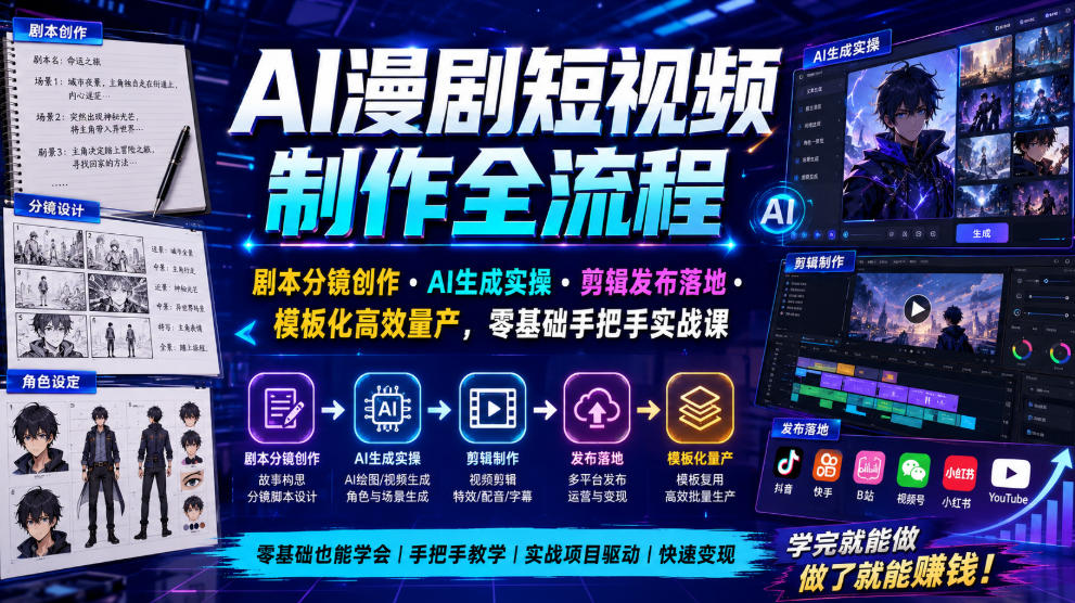 AI漫剧短视频制作全流程|剧本分镜创作・AI生成实操・剪辑发布落地・模板化高效量产,零基础手把手实战课