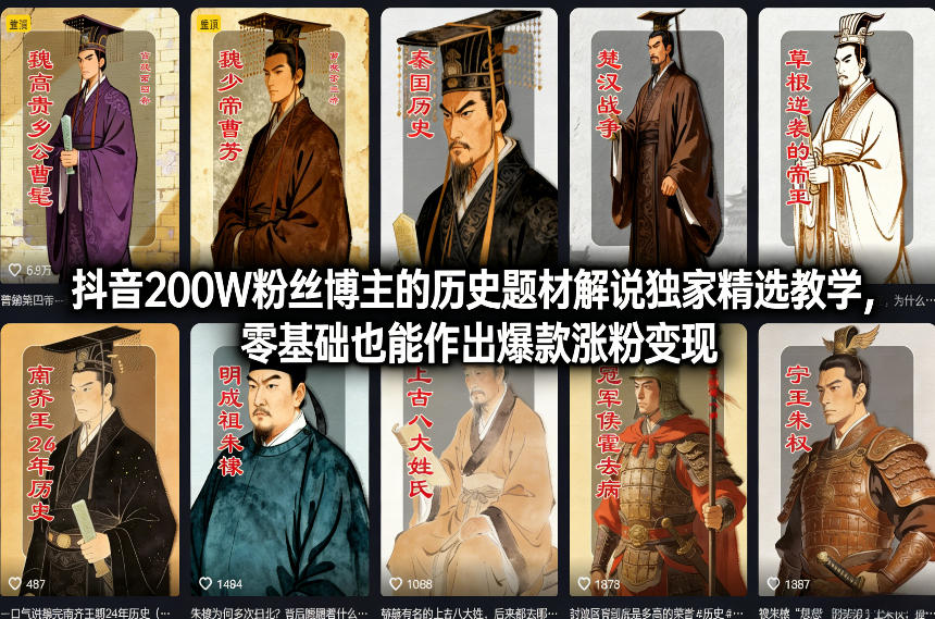 抖音200W粉丝博主的历史题材解说独家精选教学,零基础也能作出爆款涨粉变现-云网创