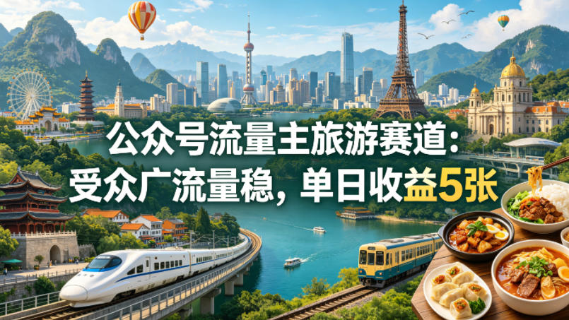 公众号流量主之旅游赛道，受众广+流量稳，平均单日收益5张+-云网创