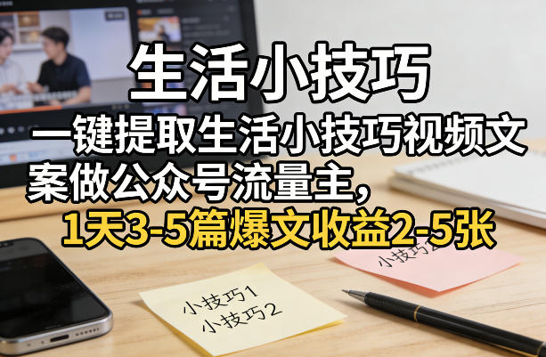一键提取生活小技巧视频文案做公众号流量主，1天3-5篇爆文收益2-5张-云网创