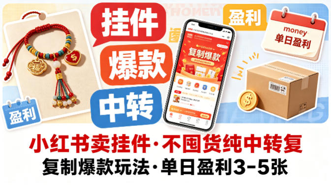 小红书卖挂件，不囤货纯中转复制爆款玩法，单日盈利3-5张-云网创