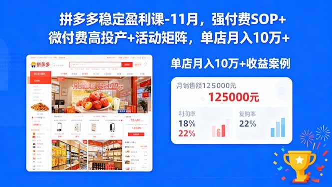 拼多多稳定盈利课-11月，强付费SOP+微付费高投产+活动矩阵，单店月入10w+-云网创