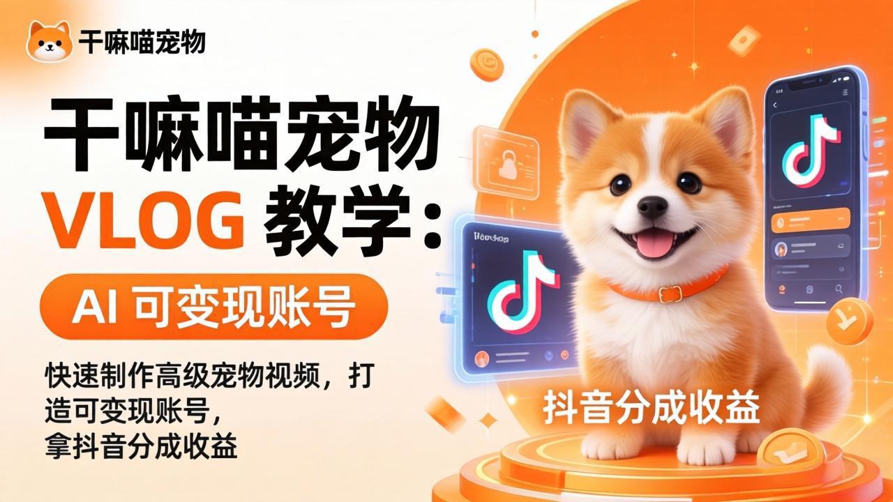 干嘛喵宠物 VLOG 教学：AI 快速制作高级宠物视频，打造可变现账号，拿抖音分成收益-云网创