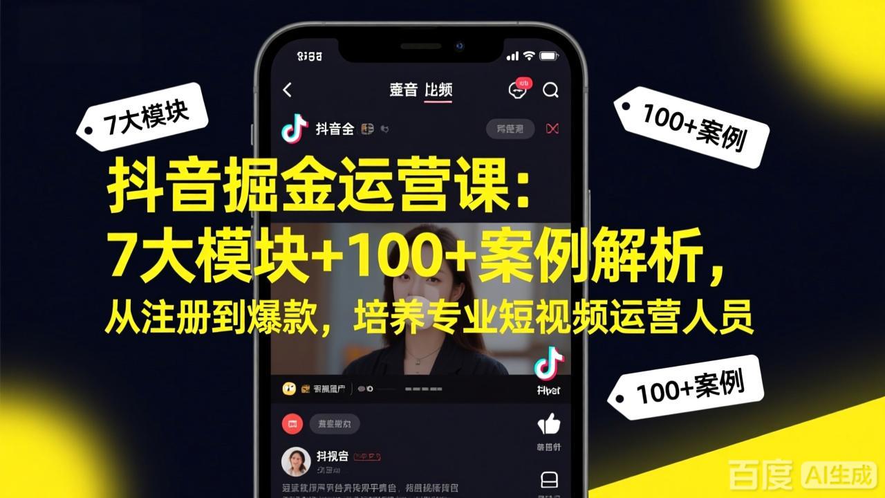 抖音掘金运营课：7大模块+100+案例解析，从注册到爆款，培养专业短视频运营人员-云网创