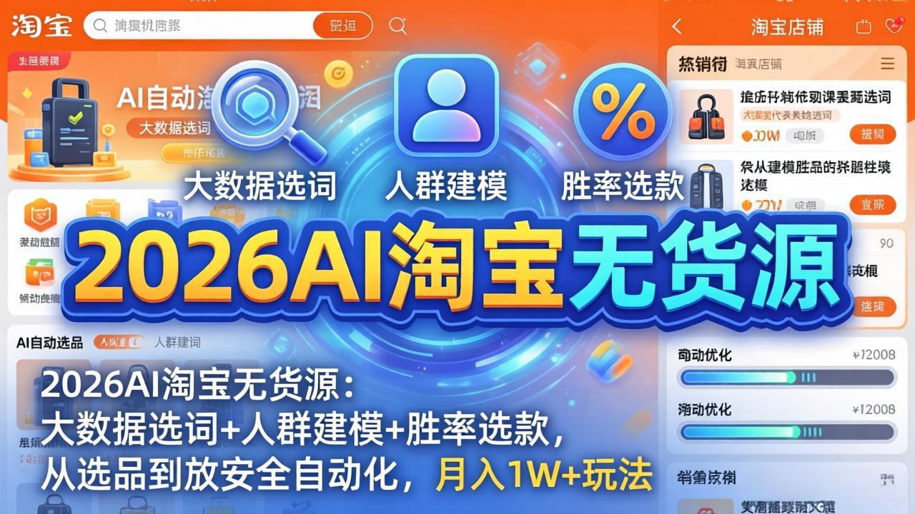 2026AI淘宝无货源：大数据选词+人群建模+胜率选款，从选品到放大全自动化，月入1W+玩法-云网创