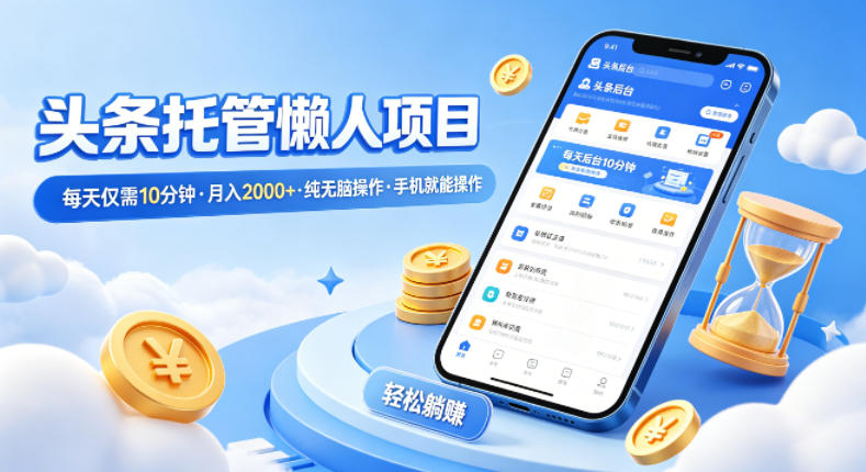 头条托管懒人项目，每天仅需10分钟，月入2000+，纯无脑操作，手机就能操作【揭秘】-云网创