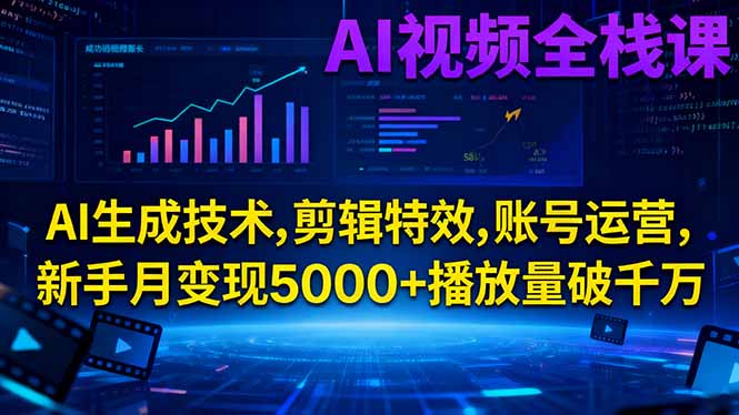 AI视频全栈课:AI生成技术,剪辑特效,账号运营,新手月变现5000+播放量破千万-云网创