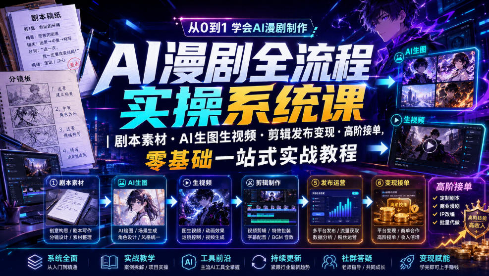 AI漫剧全流程实操系统课|剧本素材・AI生图生视频・剪辑发布变现・高阶接单,零基础一站式实战教程