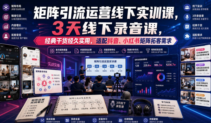 嗨推矩阵引流运营线下实训课,3天线下录音课,经典干货经久实用,适配抖音、小红书矩阵拓客需求-云网创