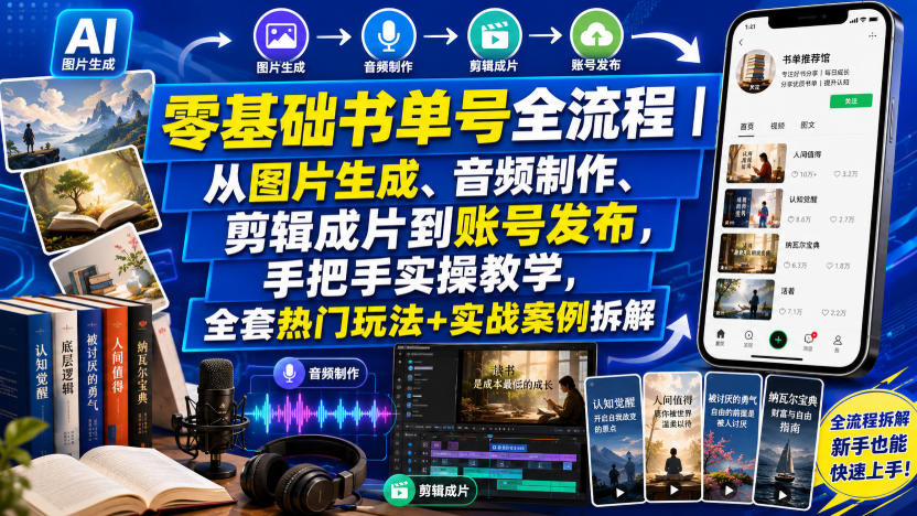 零基础书单号全流程｜从图片生成、音频制作、剪辑成片到账号发布，手把手实操教学，全套热门玩法+实战案例拆解-云网创