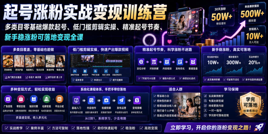 苗子起号涨粉实战变现训练营，多类目零基础爆款起号、精准起号节奏、新手稳涨粉可落地变现全课(更新0719)-云网创