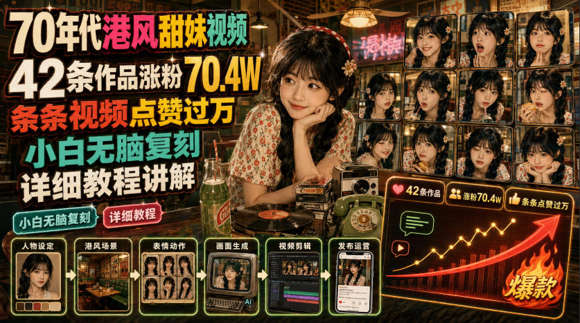 70年代港风甜妹视频,42条作品涨粉70.4W,条条视频点赞过万,小白无脑复刻,详细教程讲解