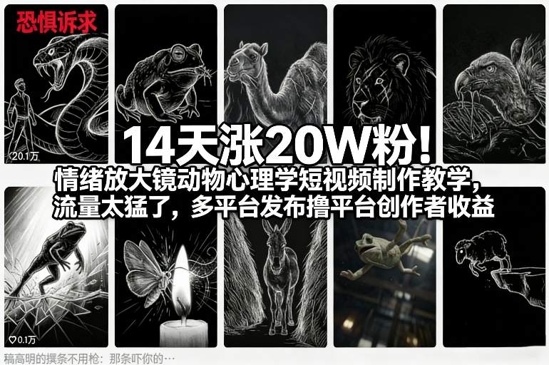 14天涨20W粉！情绪放大镜动物心理学短视频制作教学，流量太猛了，多平台发布撸平台创作者收益-云网创
