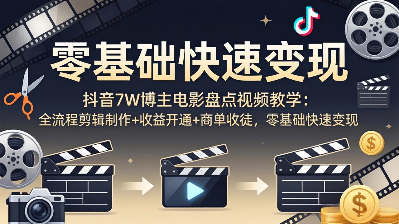 抖音7W博主电影盘点视频教学：全流程剪辑制作+收益开通+商单收徒，零基础快速变现-云网创
