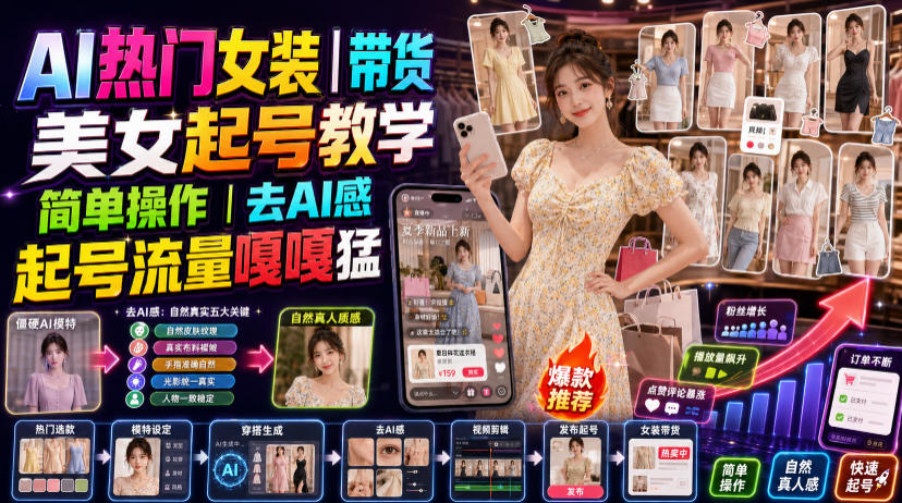 AI热门女装带货丨美女起号教学,简单操作,去AI感,起号流量嘎嘎猛-云网创