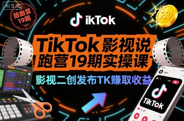 TikTok影视解说陪跑营19期实操课，影视二创发布TK賺取收益，万播收益50美金(更新)-云网创
