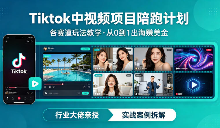某大佬的Tiktok中视频项目陪跑，涵盖TK各个赛道玩法教学，从0到1出海賺美金-云网创