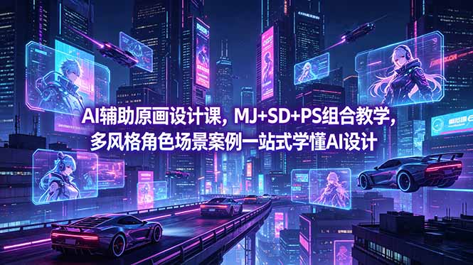 AI辅助原画设计课，MJ+SD+PS组合教学，多风格角色场景案例一站式学懂AI设计-云网创