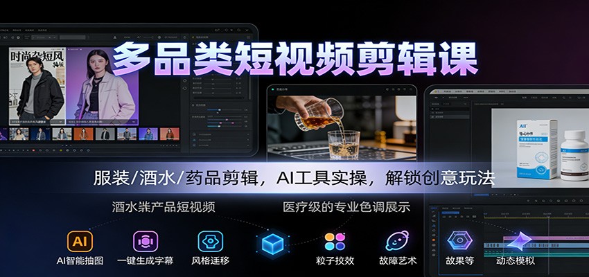多品类短视频剪辑课:服装/酒水/药品剪辑,AI工具实操,解锁创意玩法-云网创