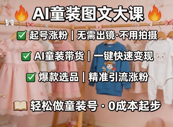 AI童装图文剪辑，某社群童装图文大课，起号涨粉、AI童装带货、爆款选品，无需出镜和拍摄-云网创