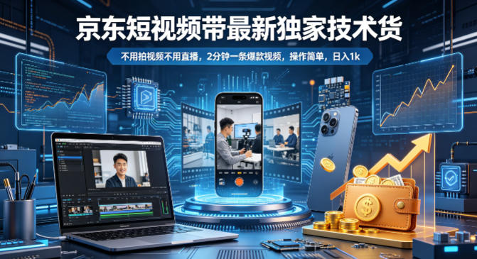 京东短视频带货最新独家技术，不用拍视频不用直播，2分钟一条爆款视频，操作简单，日入1k+【揭秘】-云网创