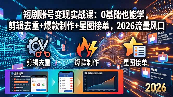 短剧账号变现实战课：0基础也能学，剪辑去重+爆款制作+星图接单，2026流量风口-云网创