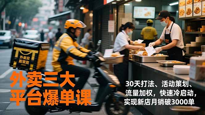 外卖三大平台爆单课，30天打法、活动策划、流量加权，快速冷启动，实现新店月销破3000单-云网创