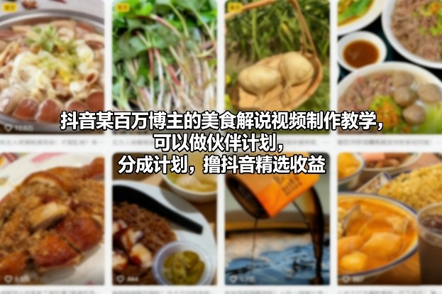 抖音某百万博主的美食解说视频制作教学，可以做伙伴计划，分成计划，撸抖音精选收益(更新)-云网创