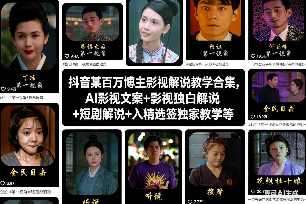 抖音某百万博主影视解说教学合集,AI影视文案+影视独白解说+短剧解说+入精选签独家教学等-云网创