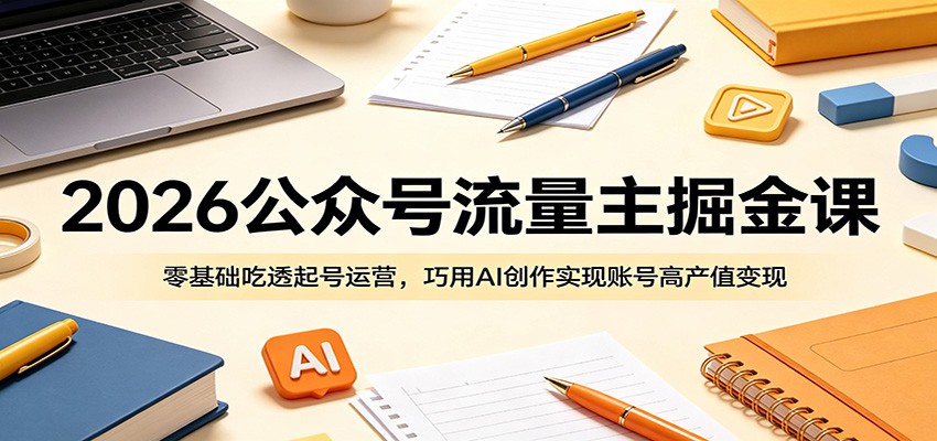 2026公众号流量主掘金课：零基础吃透起号运营，巧用AI创作实现账号高产值变现-云网创