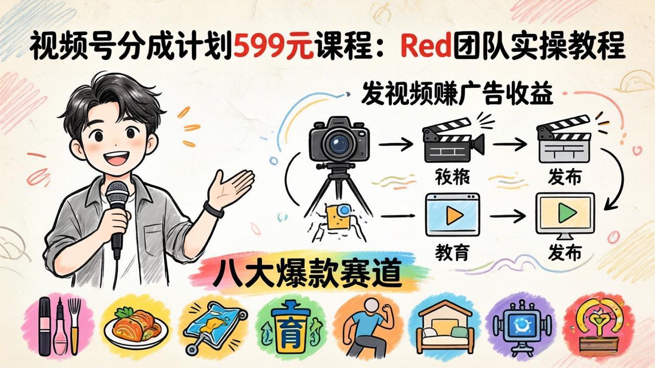 视频号分成计划599元课程:Red团队实操教程,发视频赚广告收益,八大爆款赛道全掌握-云网创