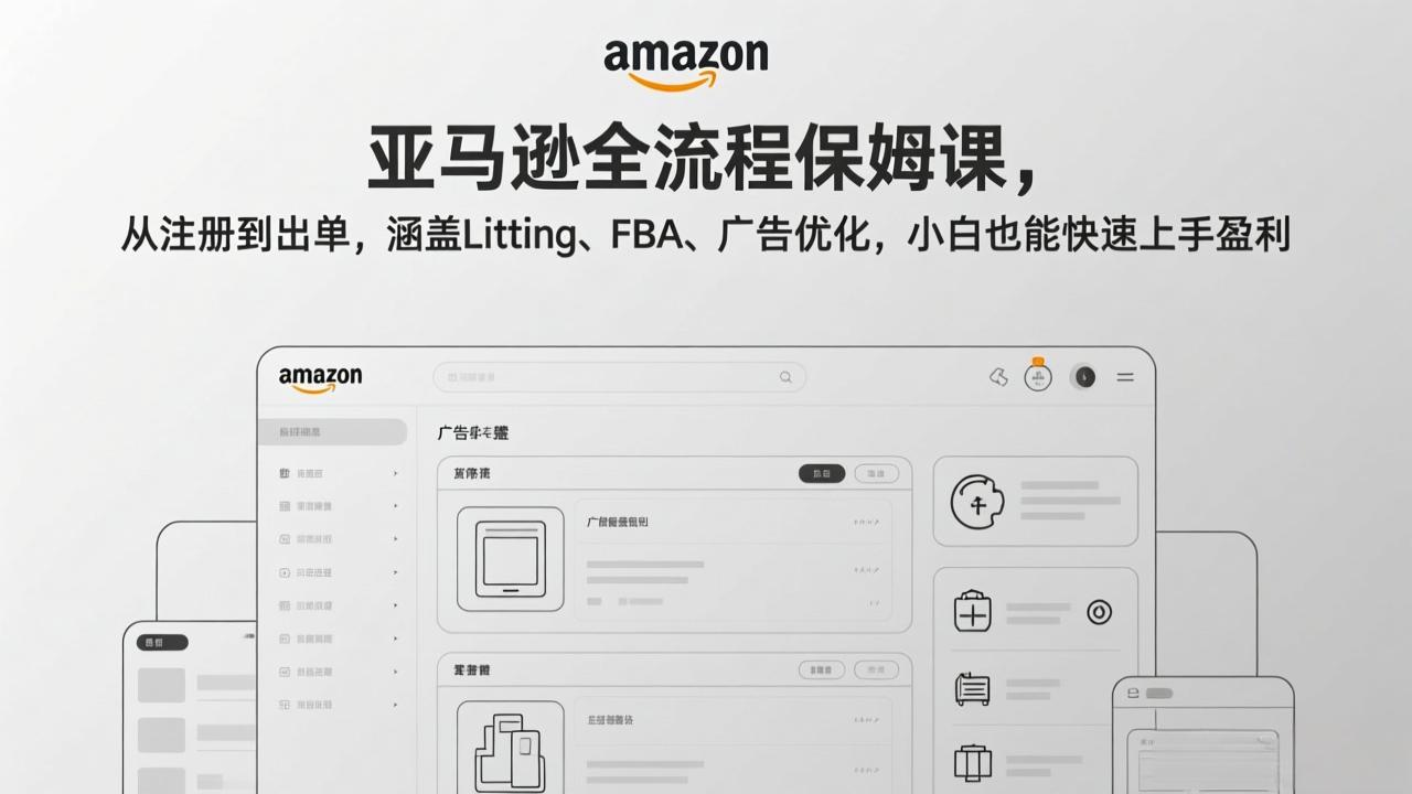 亚马逊全流程保姆课，从注册到出单，涵盖Listing、FBA、广告优化，小白也能快速上手盈利-云网创