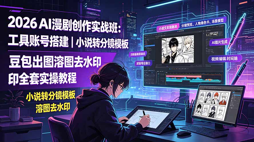 2026AI漫剧创作实战班:工具账号搭建|小说转分镜模板|豆包出图溶图去水印全套实操教程-云网创