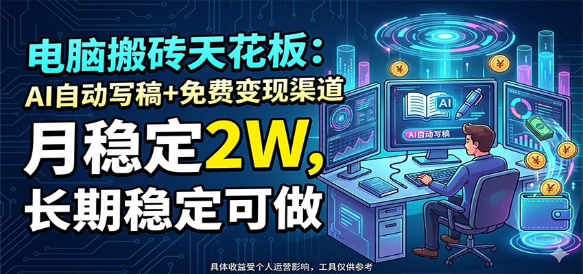 电脑搬砖天花板：AI自动写稿+免费变现渠道，月稳定2W，长期稳定可做-云网创
