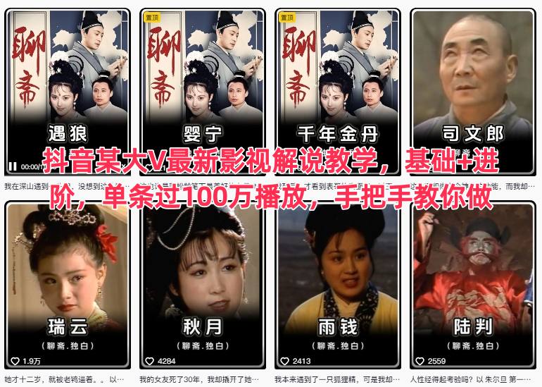 抖音某大V最新影视解说教学，基础+进阶，单条过100万播放，手把手教你做-云网创