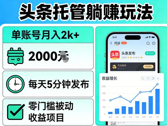 头条托管躺賺玩法,单账号月入2k+,每天5分钟发布即可,零门槛被动收益项目【揭秘】-云网创