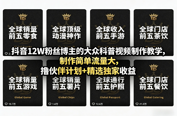 抖音12W粉丝博主的大众科普视频制作教学，制作简单流量大，撸伙伴计划+精选独家收益-云网创