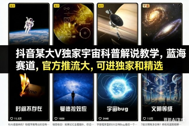抖音某大V独家宇宙科普解说教学，蓝海赛道，官方推流大，可进独家和精选-云网创