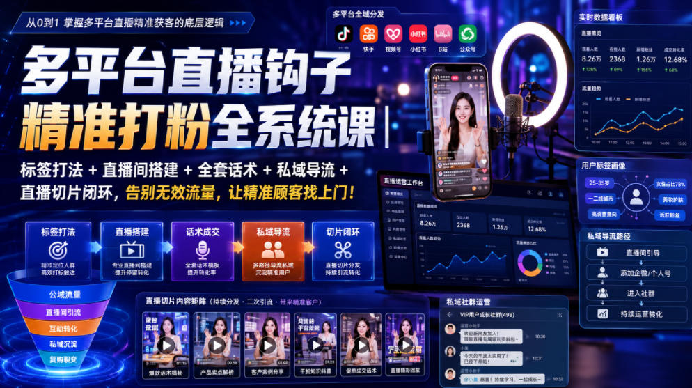 多平台直播钩子精准打粉全系统课｜标签打法+直播间搭建+全套话术+私域导流+直播切片闭环，告别无效流量，让精准顾客找上门！-云网创