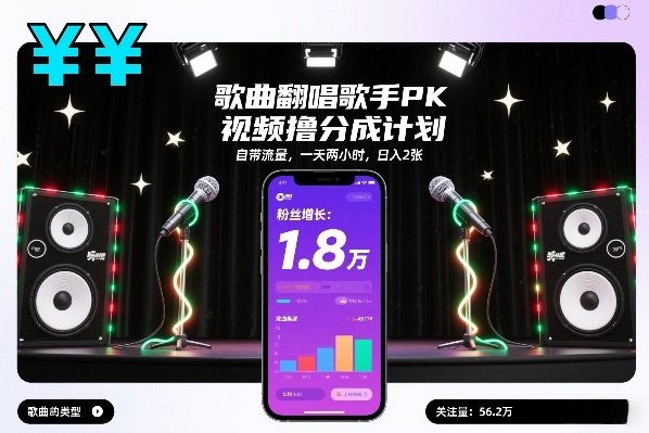 歌曲翻唱歌手PK视频撸分成计划，自带流量，一天两小时，日入2张-云网创