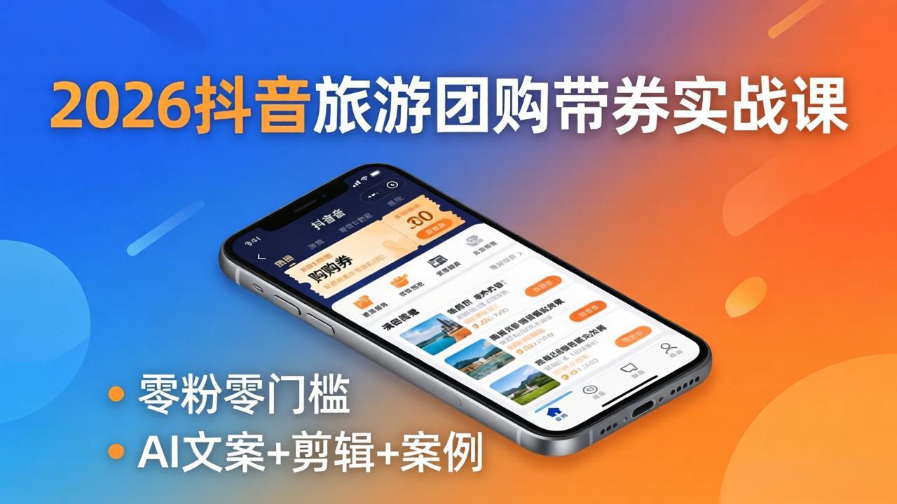 2026抖音旅游团购带券实战课：零粉零门槛，AI文案+剪辑+案例，躺着赚门票佣金-云网创