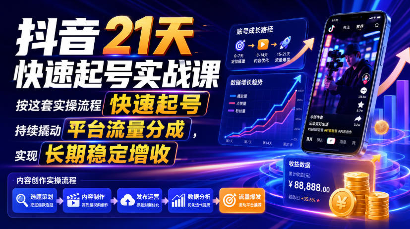 抖音21天快速起号实战课，按这套实操流程快速起号，持续撬动平台流量分成，实现长期稳定增收-云网创