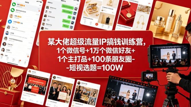某大佬超级流量IP搞钱训练营，1个微信号+1万个微信好友+1个主打品+100条朋友圈-短视选题=100W-云网创
