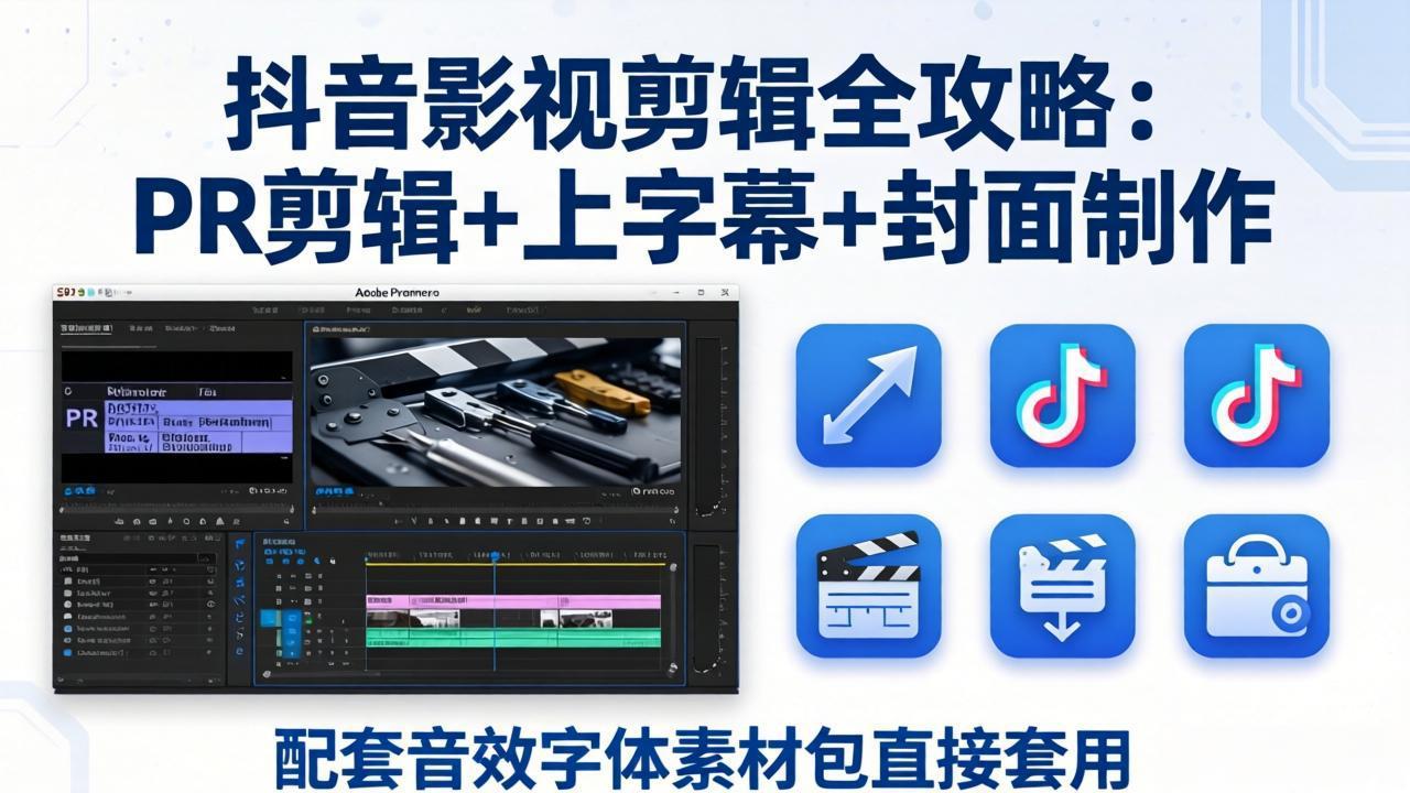 抖音影视剪辑全攻略：PR剪辑+上字幕+封面制作，配套音效字体素材包直接套用-云网创