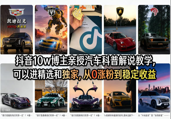 抖音10w博主亲授汽车科普解说教学，可以进精选和独家，从0涨粉到稳定收益(详细视频课程+1T素材)-云网创